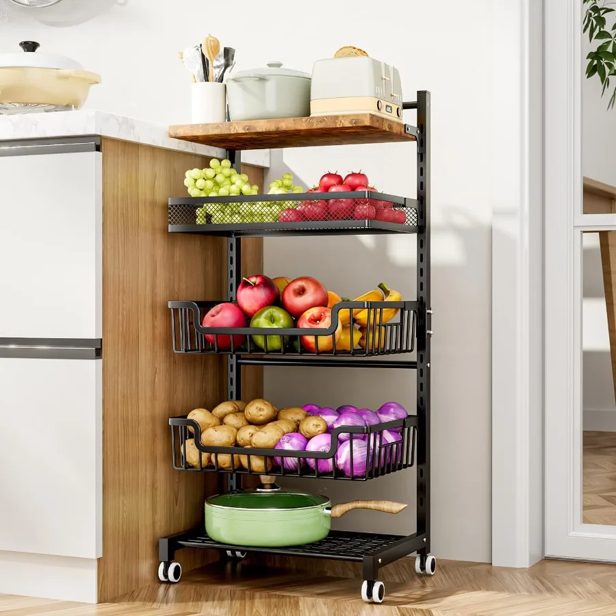 

Fruit Basket Kitchen Cart 5 Tier Adjustable Vegetable Storage Rack Large Capacity Rolling Kitchen Carts on Wheels for Snack Oni