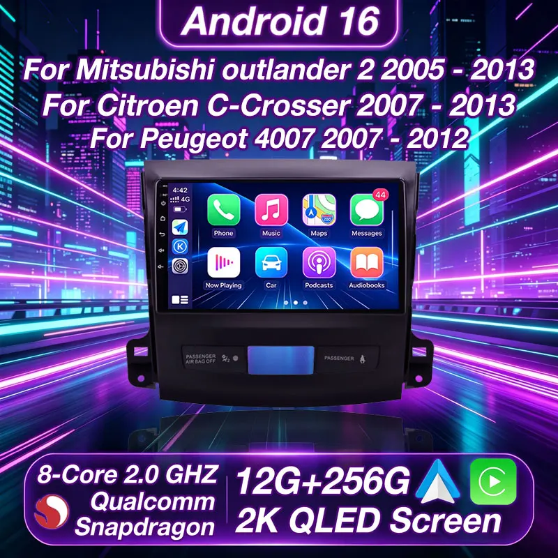 Rádio de Carro 9" Android 16 Player Multimídia para Mitsubishi Outlander XL 2 2005 - 2012 para Citroen C-Crosser 2007-2013 NO 2din QLED