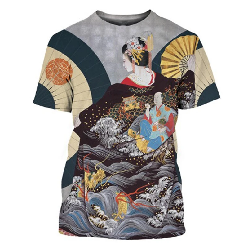 Japanese Geisha 3d Printed T-shirt For Men Harajuku Short Sleeves O-neck Tee Shirts Ethnic Style Street Casual Oversized Tees