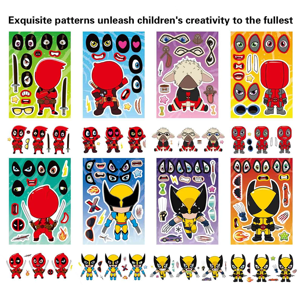 Marvel-DIY Puzzle Stickers para crianças, Deadpool, Wolverine, Make a Face, Cartoon Assemble, Decalques, Jogos, Brinquedos, Presentes, 8 folhas, 16 folhas