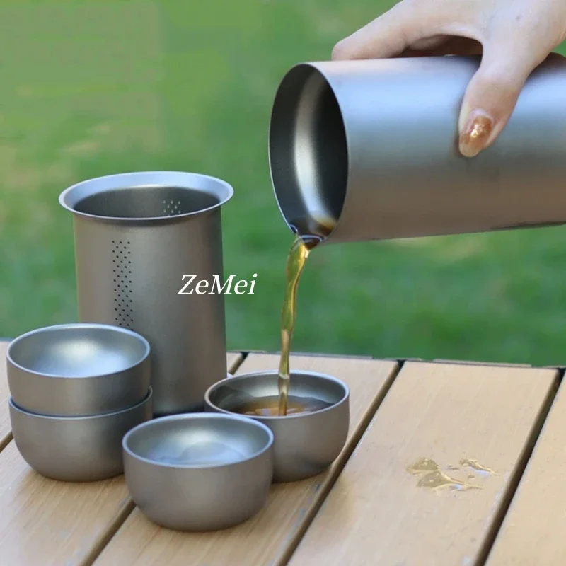 Pure Titanium Portable Coffee Mug Brewing Set, Double-Layer Anti-Scald Travel Tea Set, Quick Guest Cup, Outdoor Camping Cup