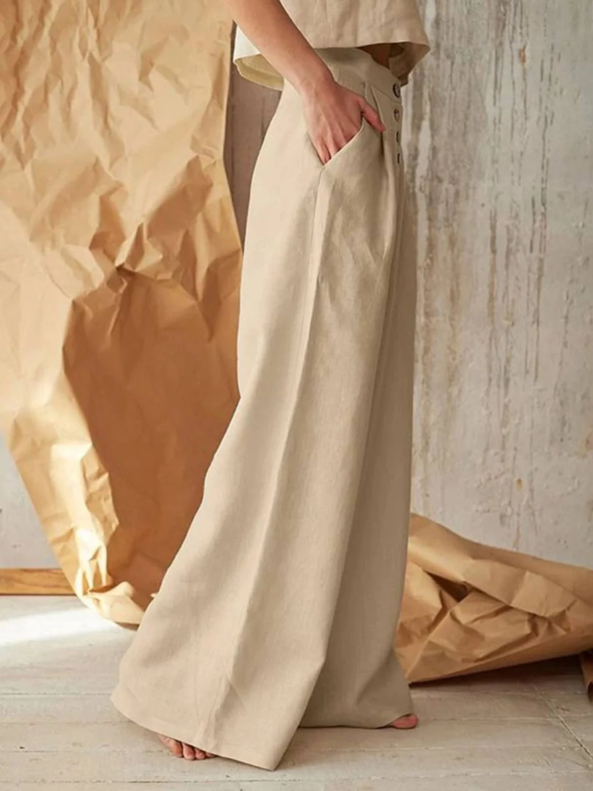 Women's  Color Button up Wide Leg Pants High Waist Casual Trousers Street Sle Summer Collection Other Material 00%