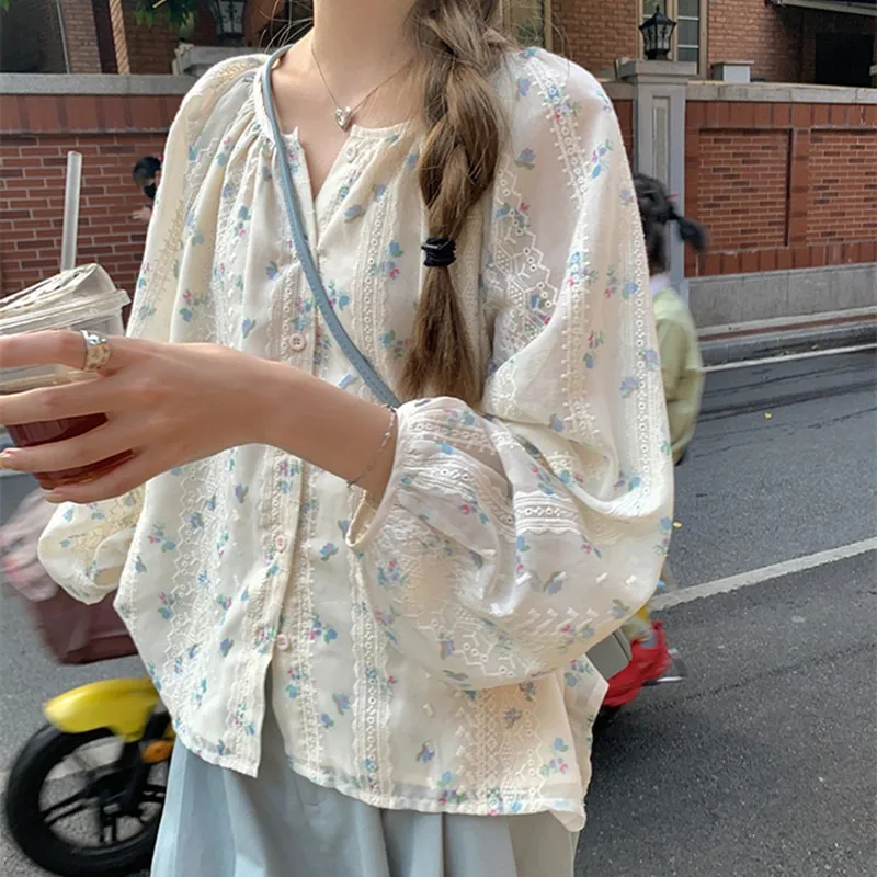 Fresh Floral Long-sleeved Shirt Female Korean Loose Thin Round Neck Sweet Girl Kawaii Y2k Top Temperament Commuter Women Clothes