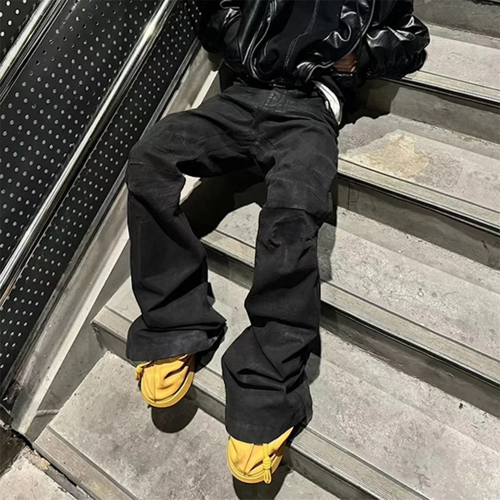 Streetwear Black Glue Coated Boot Cut dla mężczyzn i kobiet Straight Baggy Casual Flare Pants Oversized Loose Denim Trousers