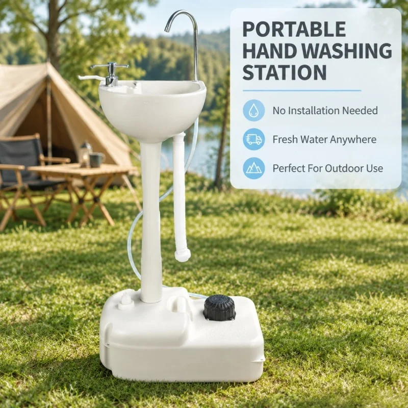 Portable Camping Sink 24L Hand Wash Station with Towel Rack Soap Dispenser Foot Pump Outdoor Basin Stand for RV Travel Hiking