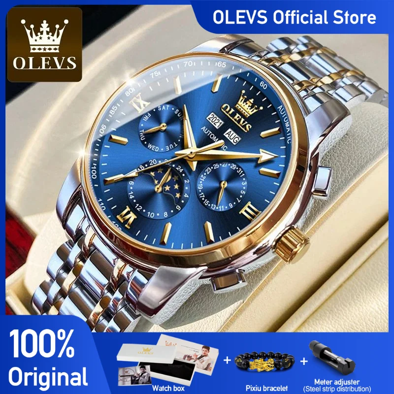 OLEVS Automatic Watches Men Mechanical Wristwatch Luxury Dress Moon Phase Stainless Steel Waterproof Luminous Wristwatch