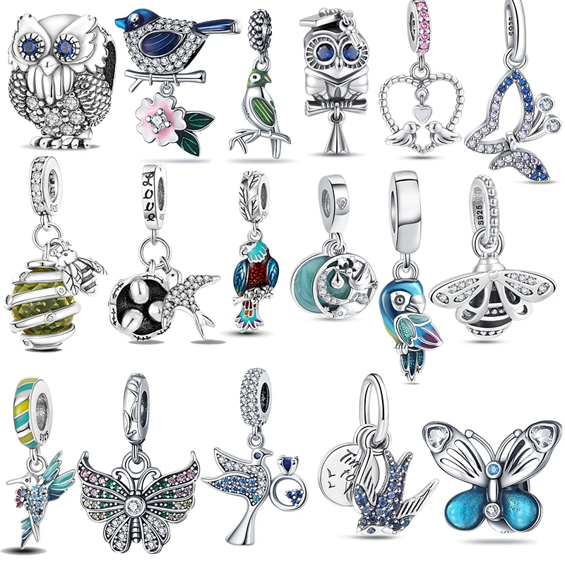 

925 Sterling Silver Bird Series Owl Magpie Parrot Swallow Penguin Pendant Beads Fit Original Pandora Charm Bracelet DIY Jewelry