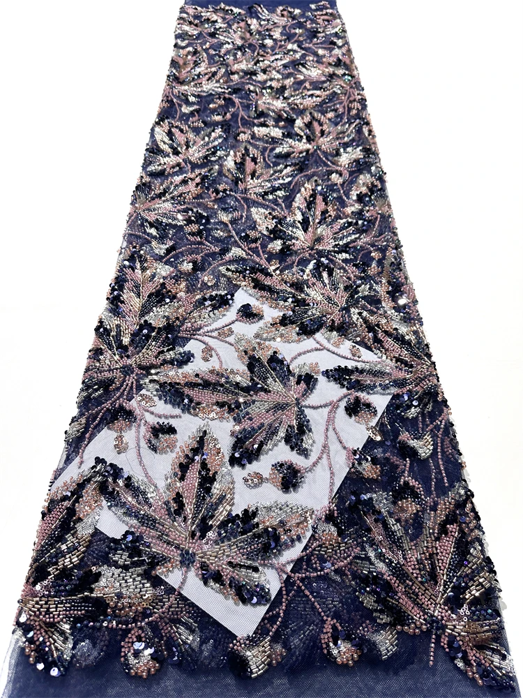 Luxury African Heavy Beads Lace Fabric 2025 High Quality 5 Yards Nigerian Sequins French Tulle Fabric Material For Wedding Party