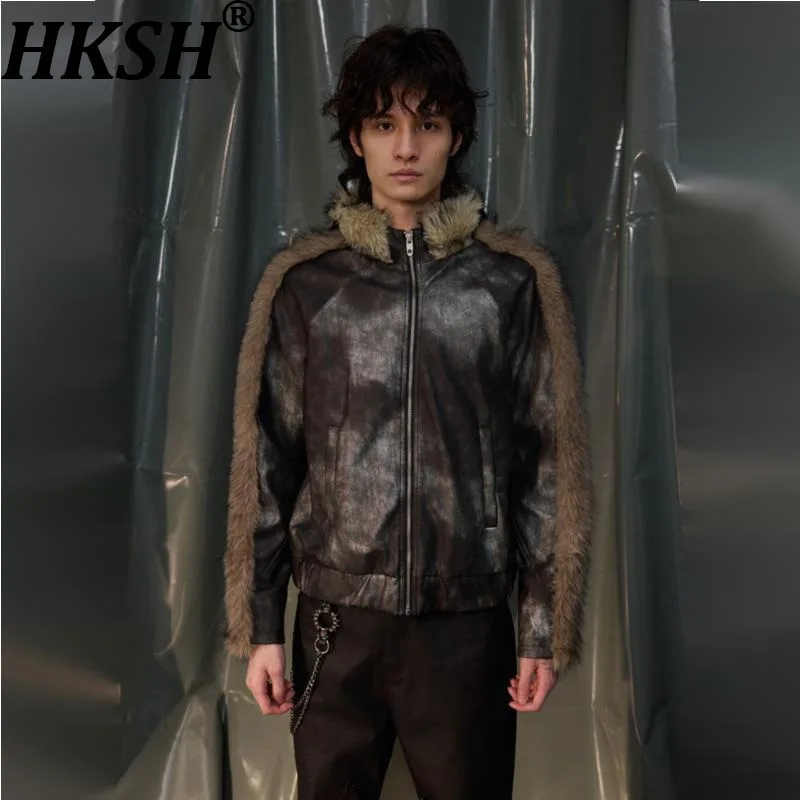 

HKSH весна осень новые мужские кожаные куртки в стиле панк свободные повседневные универсальные американские уличные винтажные пальто с мехом HK14560