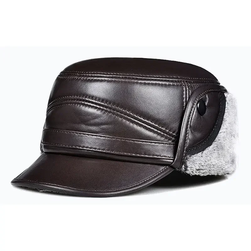

Winter High Quality Genuine Leather Hats Cowhide Keep Warm Earmuffs Bomber Caps Plus Velvet Thicken Man Bone Caps Dad Hat