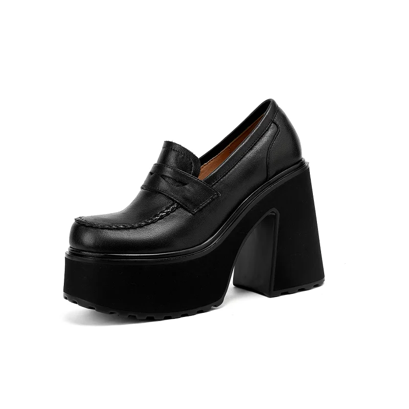 Women Single Shoes Square Heel Genuine Leather Platform Shoes Slip On Designer Retro Black Loafers Spring Atumn Handmade Pumps