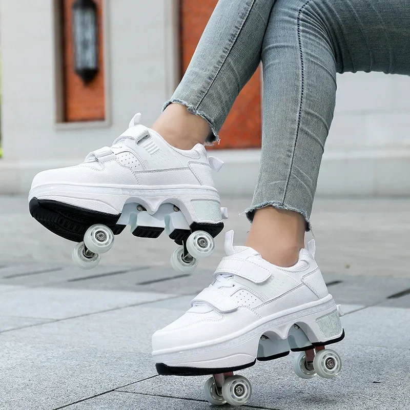 Deform Roller Skate With 4 Wheels Shoes Runaway Parkour 4-Wheel Skates Sneakers Deformation Shoes For Women Youth Adult Gift