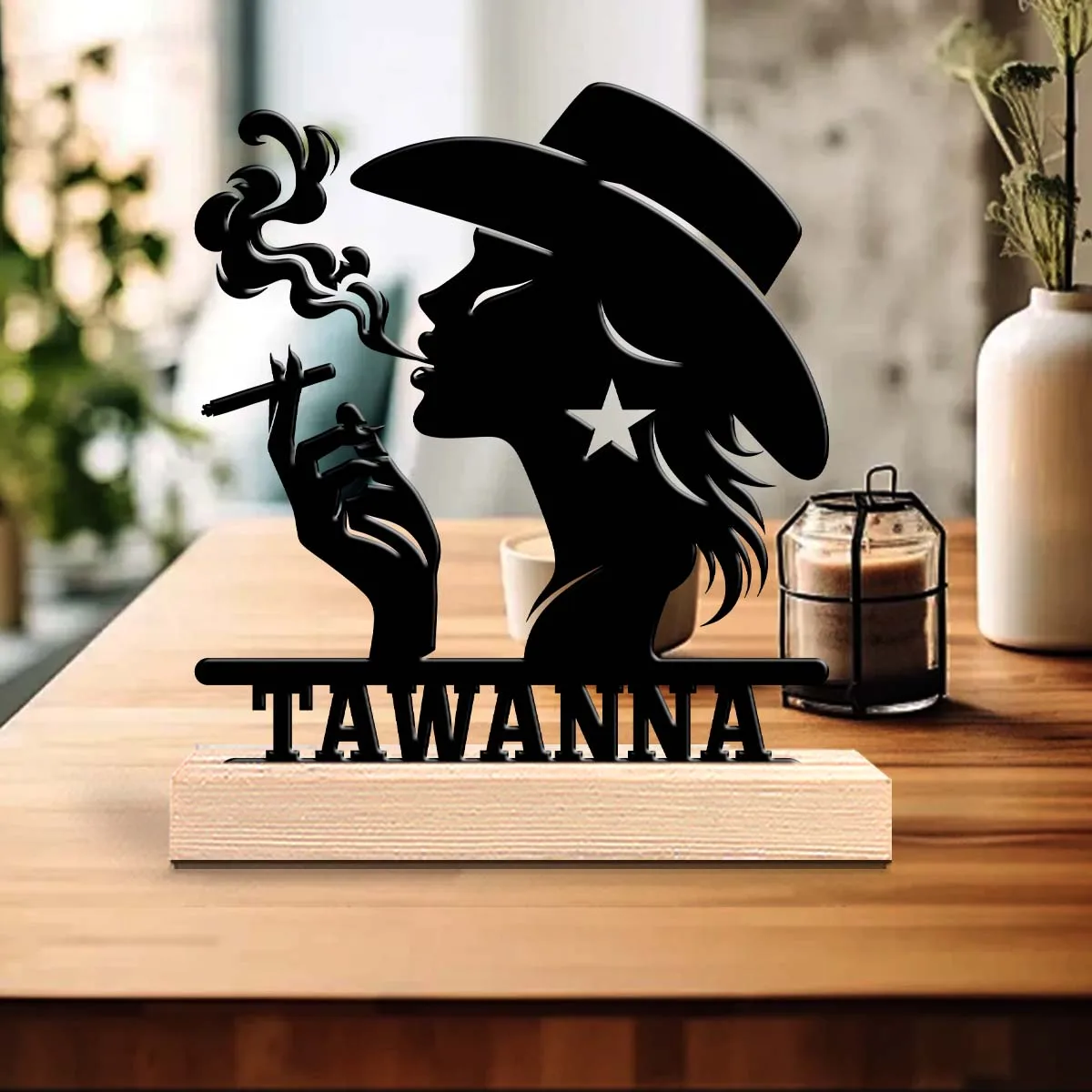 1pc Personalized Retro Iron Statue Decoration Custom Content With Wooden Base Housewarming Gift,Metal Ornament Decoration
