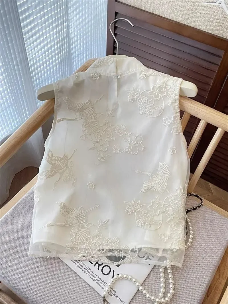 Chaquetas para mujer, chaleco para mujer, estilo chino de verano, top sin mangas, chaleco para mujer con cuello levantado, hebilla Hanfu, chaleco bordado ligero, abrigo
