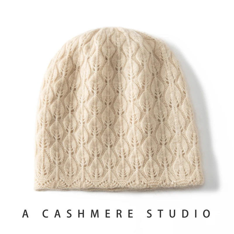 2-layer Seamless 100 Cashmere Jacquard Bead Hat Women's Winter Thick Knitted Casual Hat Solid Cashmere Cap For Women's
