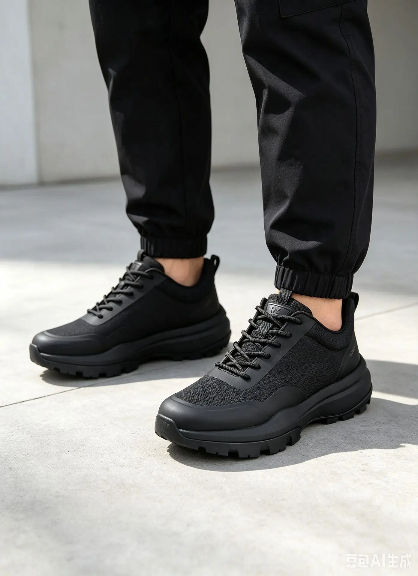 Leather Mesh All Black Combination Outdoor Sneakers Thick Lug Sole Shock Absorbing Lace Up Wearproof Anti Slip Trekking Shoes