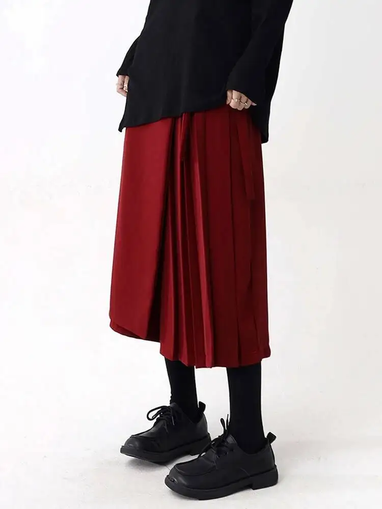 High Quality Waist High Red Elastic Pleated Bandage Elegant Wide Leg Pants New Trousers Women Fashion Spring Autumn 2026 65J9