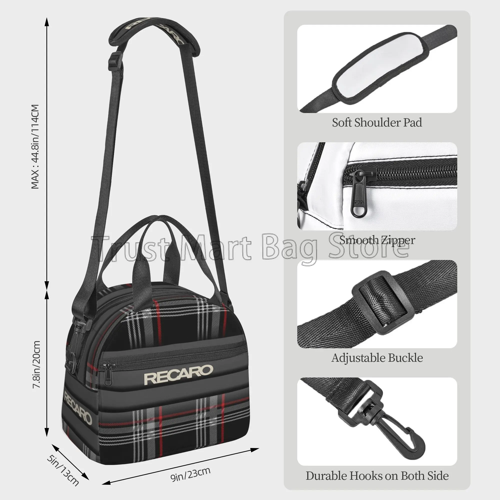 Recaros Logo Print Lunch Bag with Shoulder Strap Insulated Tote Bag for Office Food Storage Portable Thermal Cooler Bento Box