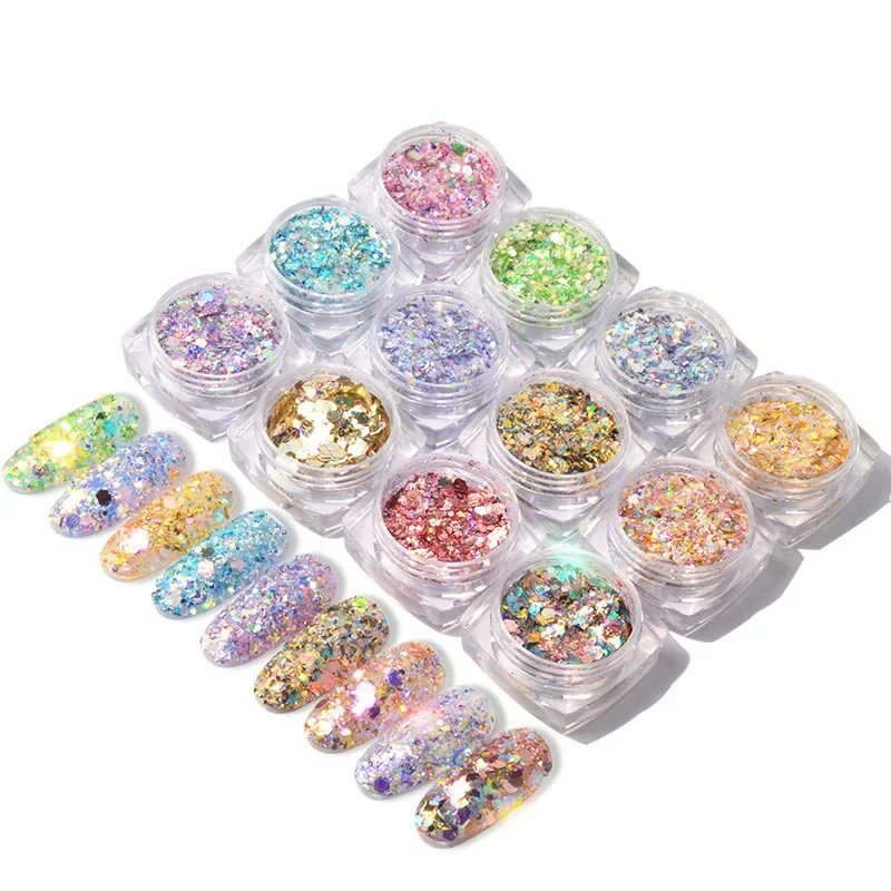 12 Color Light Change Onion Powder Illusion Glitter Sequins Glitter Color Change Sequins Size Mixed Set Nail Dip Powder