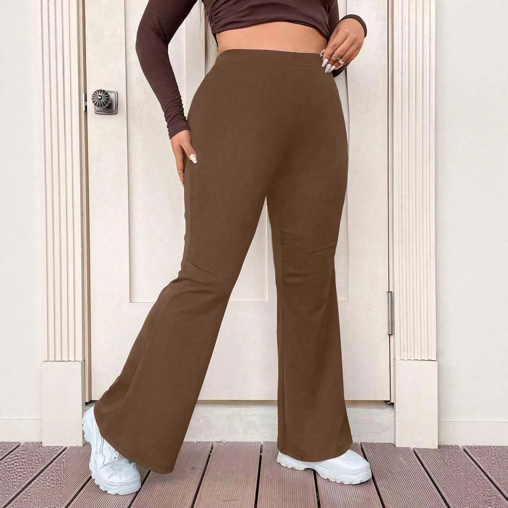 Fringe Flared Leg Pants High Waist Full Length with Slight Stretch Regular Thickness Elegant Commuter Chic Spring Women Pants
