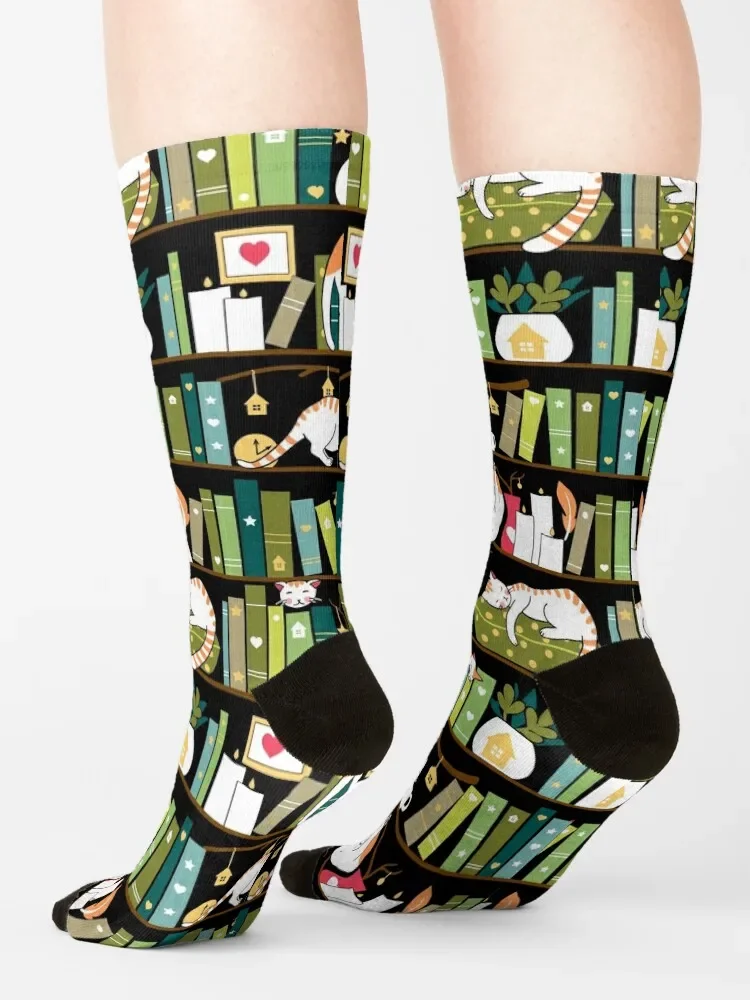 Library cats - whimsical cats on the book shelves Socks valentine gift ideas Stockings gym Socks For Women Men's