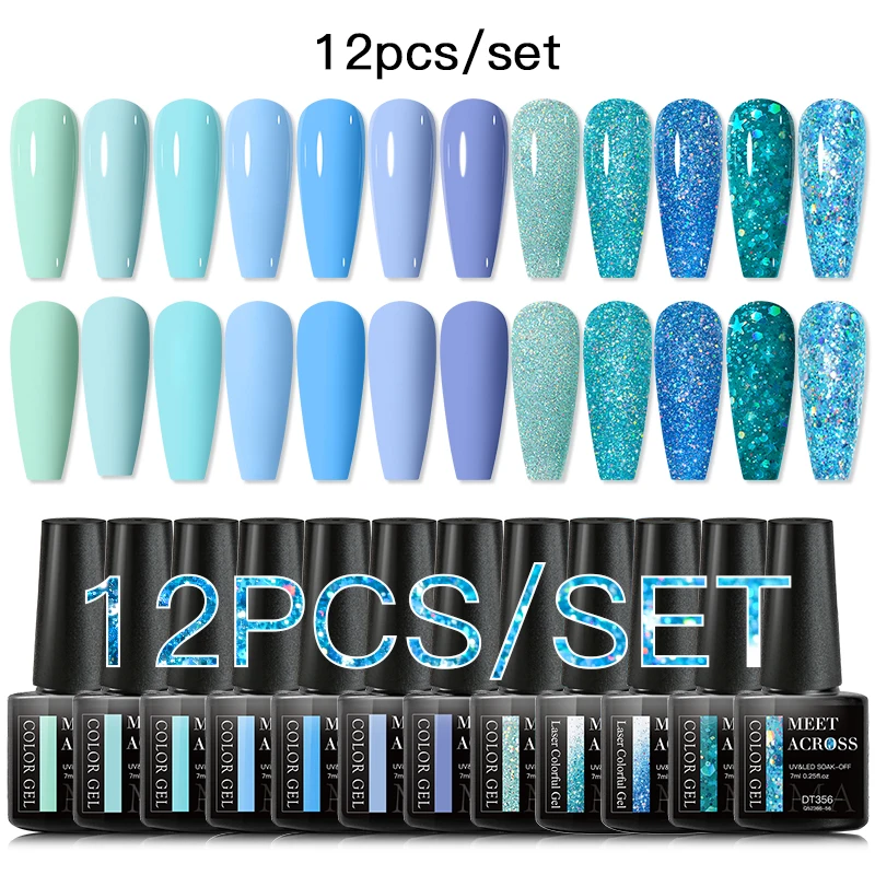 MEET ACROSS 12PCS/Set Pink Glitter Gel Nail Polish Macaron Blue Semi Permanent Nail Art Gel Varnish Spring Summer Manicure Kits