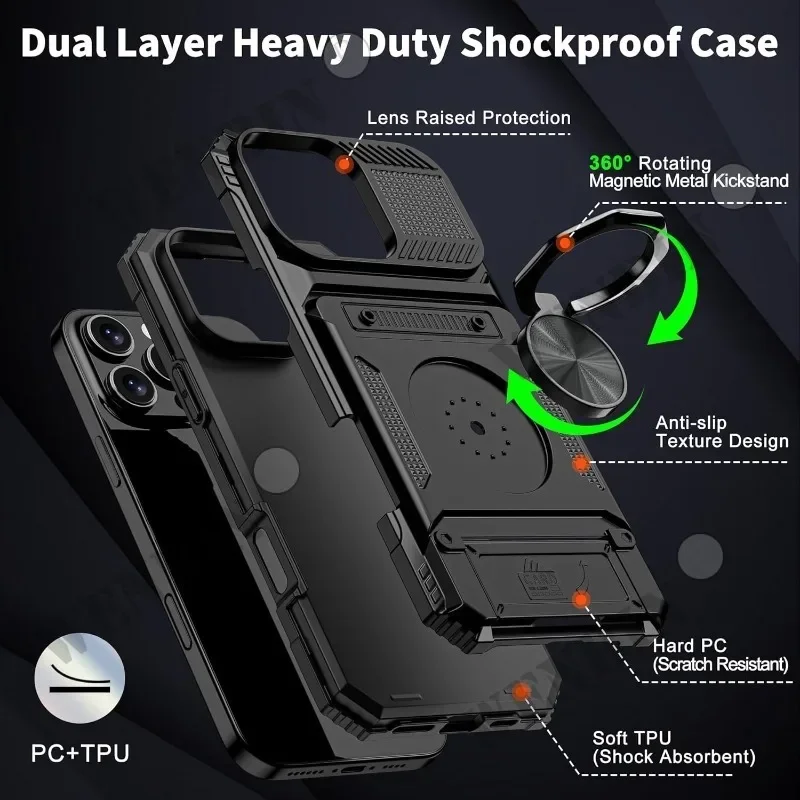 Case For iPhone 16 15 14 13 Pro Max 16 Plus Magnetic Rotated Ring Kickstand Heavy Duty Drop Protection Wallet Cover Funda Capa