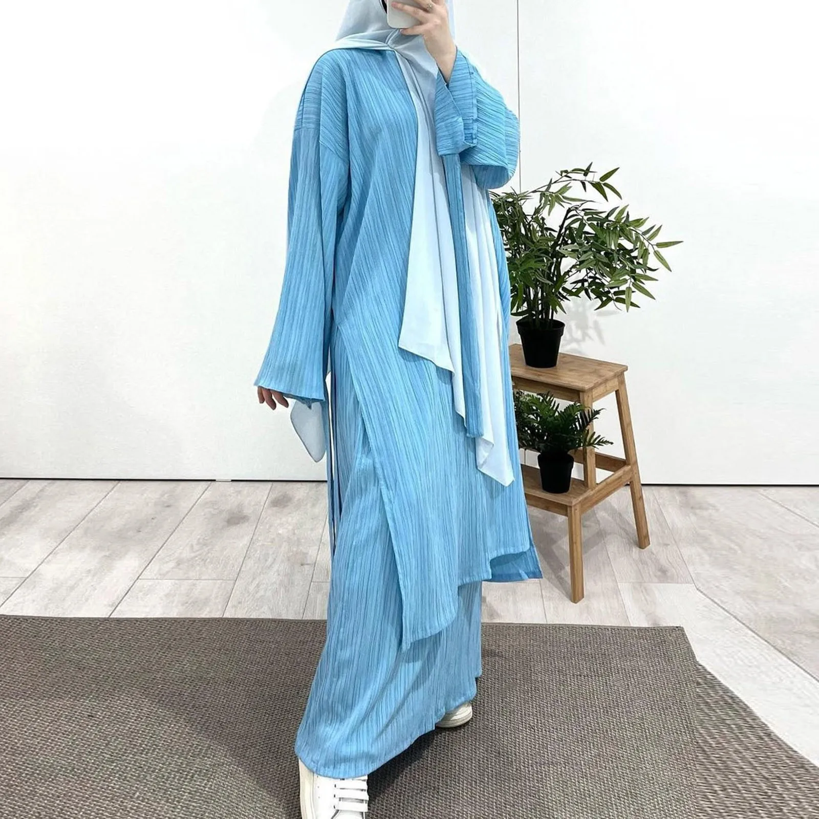 Ramadan Abaya 2024 New Fashion Striped Split Long Dress Muslim Dresses For Women Dubai Abaya Arab Islamic Muslim Clothing