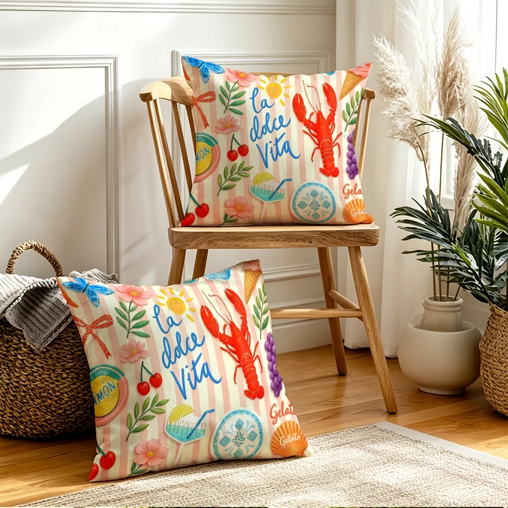 2pcs Summer Coastal Throw Pillow Covers La Dolce Vita Lobster Fruit Print Decorative Cushion Cases for Home Sofa Bedroom
