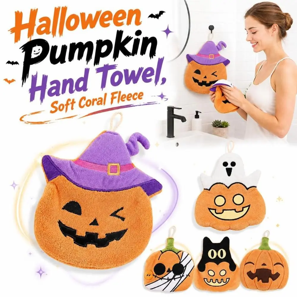 Soft Coral Fleece Halloween Pumpkin Hand Towel Absorbent Hangable Cartoon Cleaning Towels Black Cat/Ghost Kitchen Towels