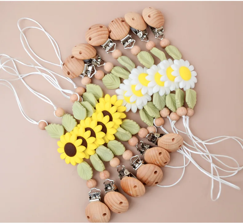 Flower Pacifier Clip Chain, BPA Free Silicone Daisy Sunflower Teething Soother