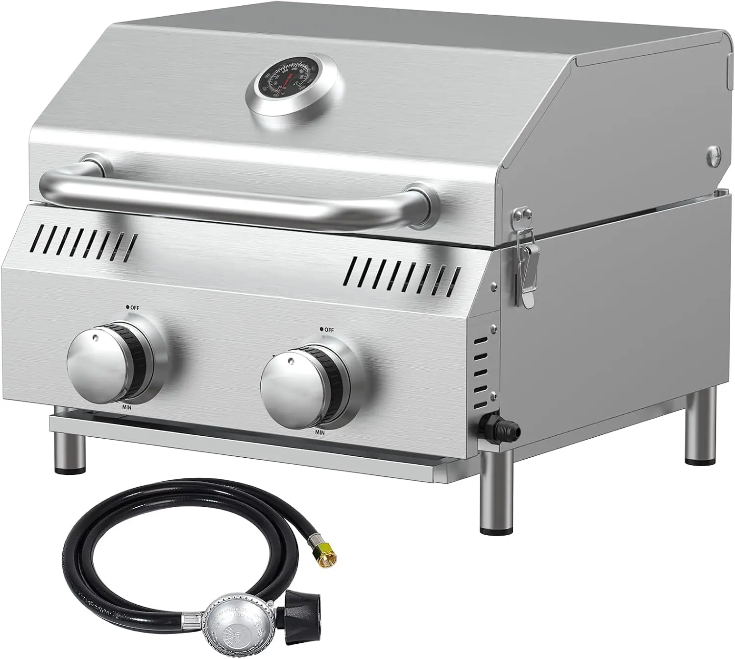 Tabletop 2-Burner Gas Grill, 20,000 BTU Stainless Steel Portable Propane Grill, Removable Legs, Push-Button Ignition, Thermomete