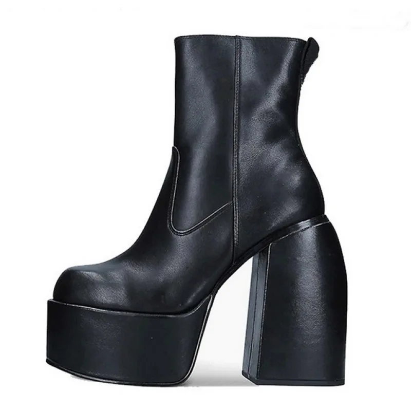 Botas de tacón alto con punta cuadrada para mujer, botas Punk de tacón de bloque de tubo largo y corto, zapatos de plataforma para mujer, botas de