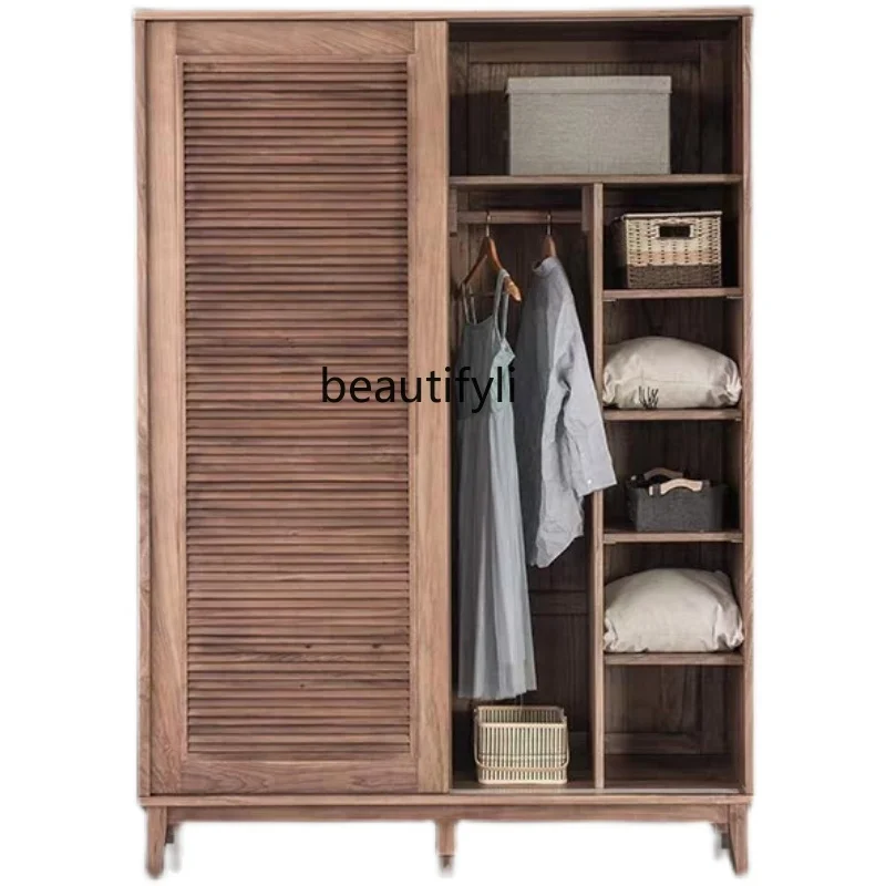 North America Black Walnut Solid Wood Wardrobe Nordic Sliding Door Sliding Door Louver Bedroom Wardrobe