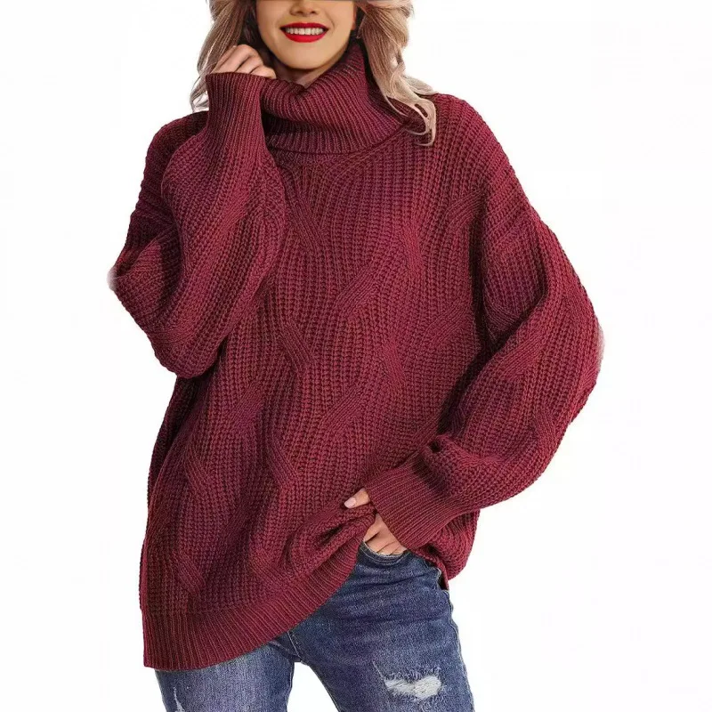 

European American Style Autumn Winter Loose High Neck Knit Sweater Women Pullover Long Sleeve New Fashion