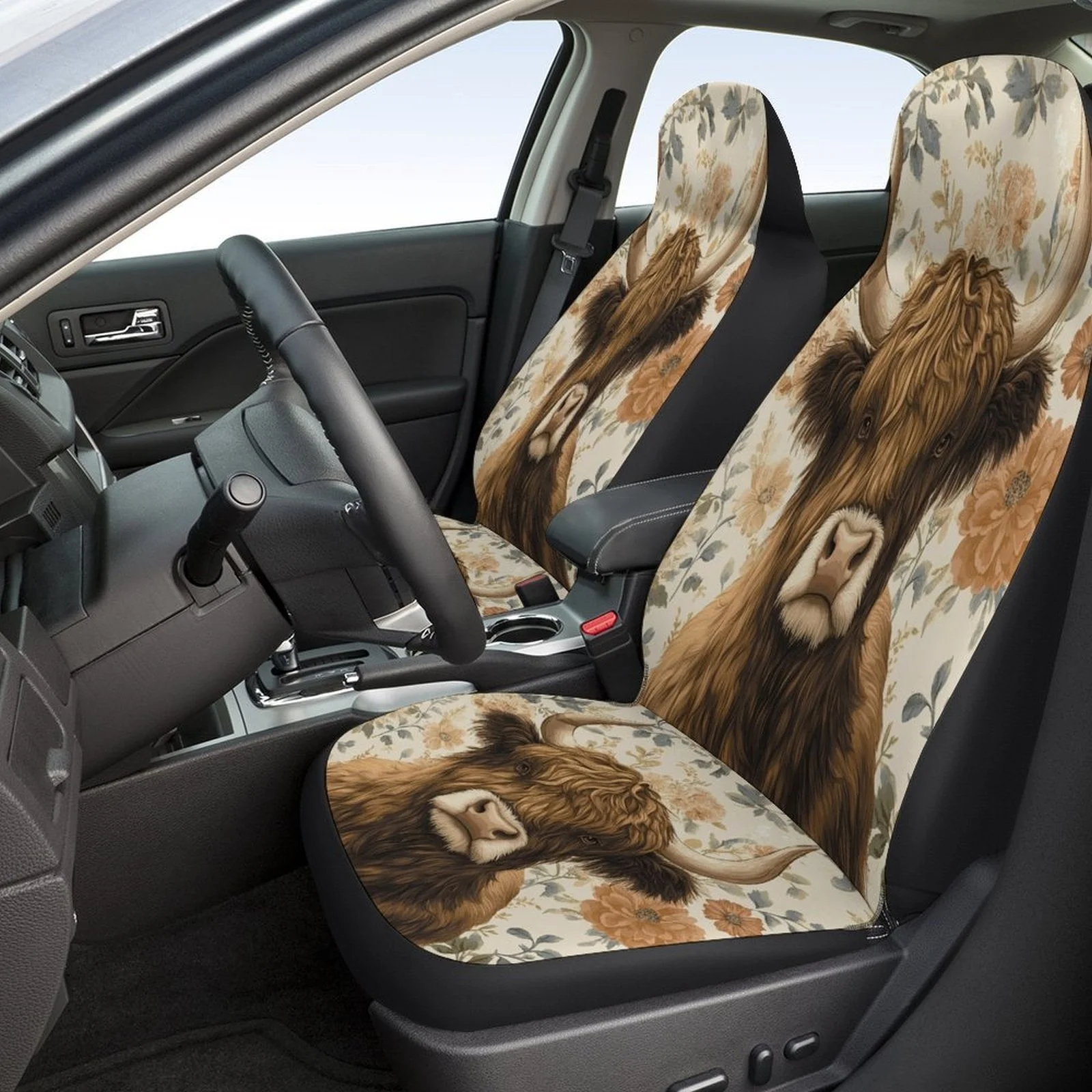 Set Of Car Seat Covers Featuring A Highland Cow Portrait, Designed For A Variety Of Vehicles. Stylish And Personalized, These Co