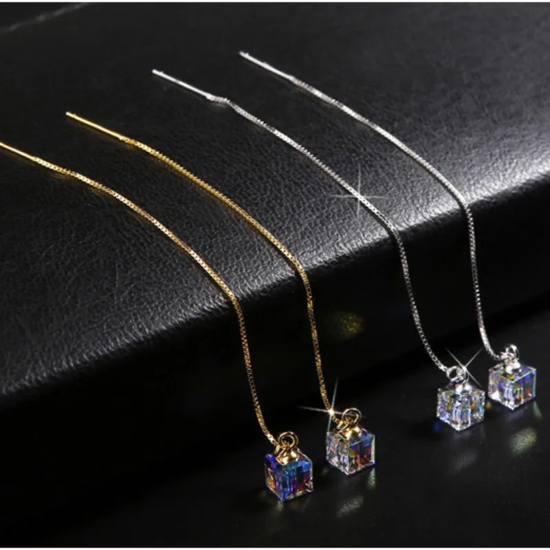 Threader Earrings for Women Hypoallergenic 925 Silver Needle Long Dangle Earrings Austria Crystals Drop Earrings