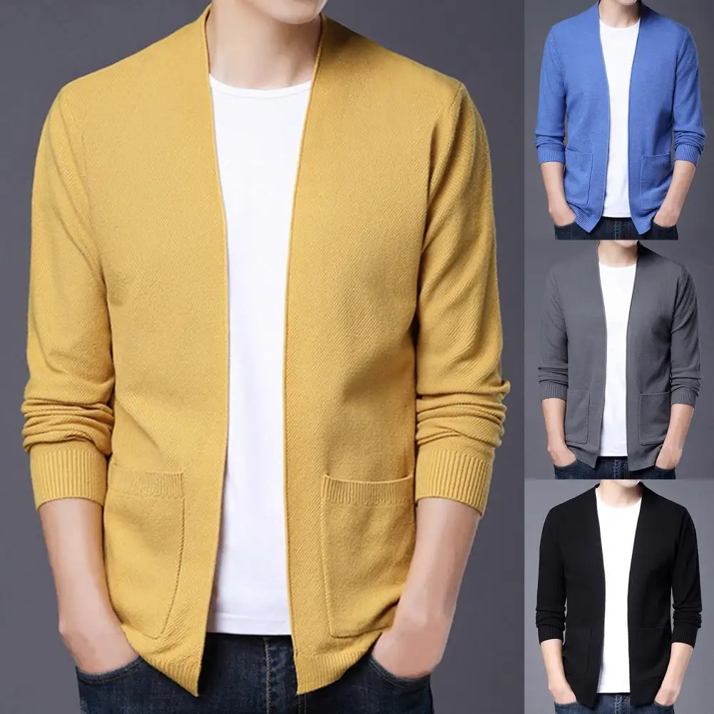 Winter Autumn Men's Jacket Cardigan Loose Fit Solid Color Coat Long Sleeve Ribbing Hem Cardigan Coat for Business Knit Outwear