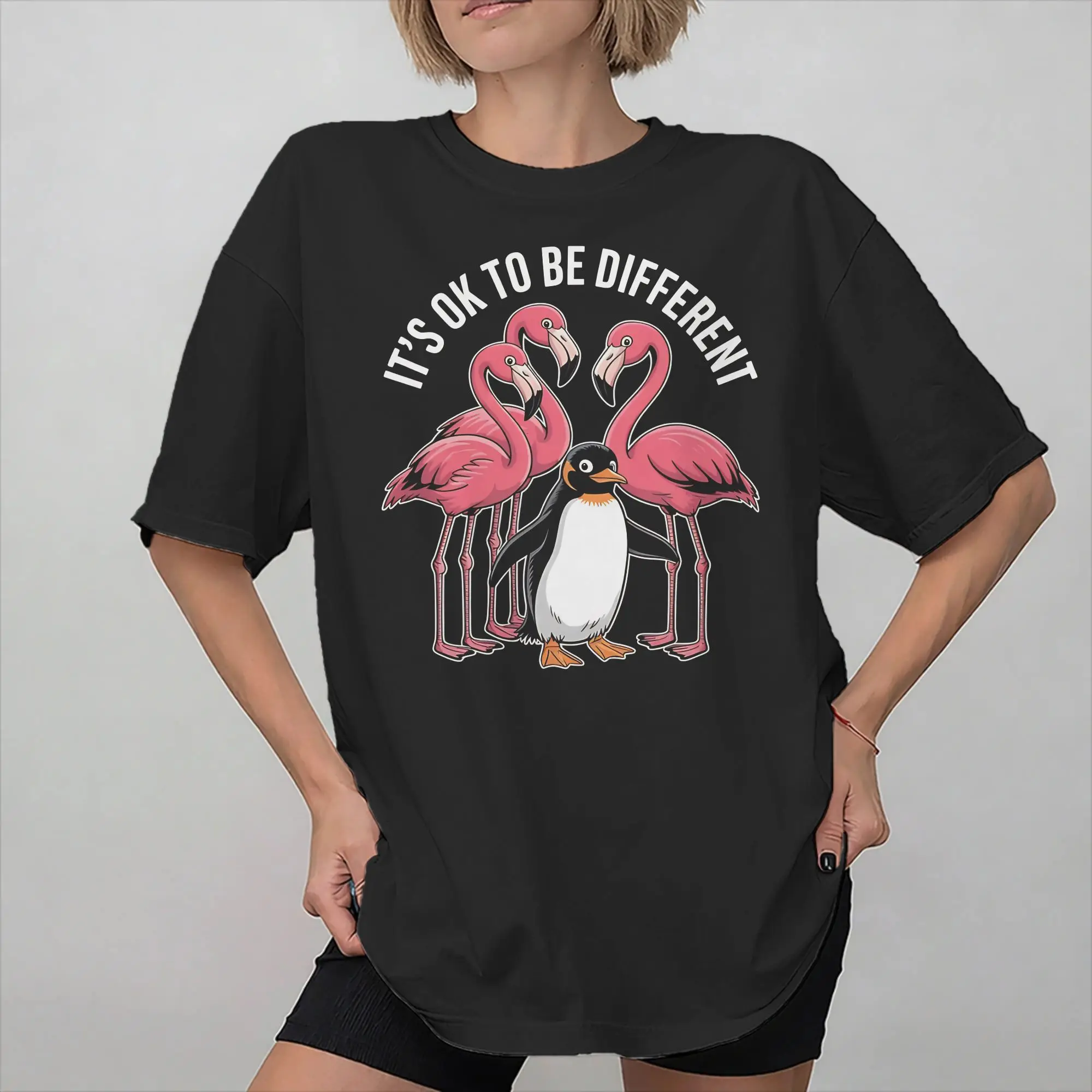 New Arrival It's Ok To Be Different Flamingo Penguin T Shirt for Men Women  Pure Cotton T-shirts Short Sleeve Clothing