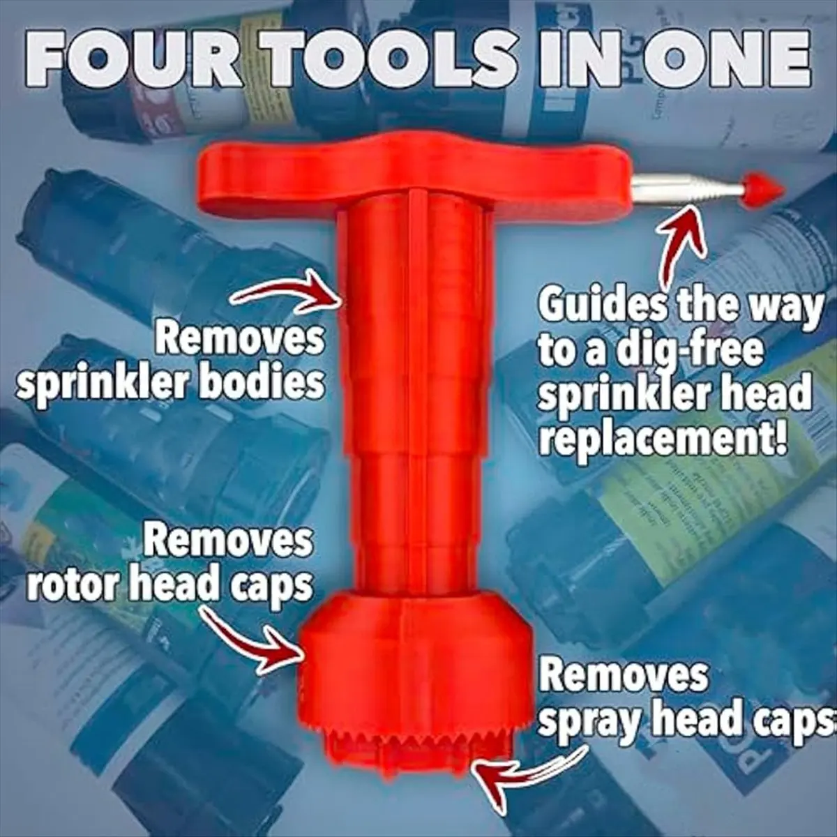 T32C New Sprinkler Head Removal Tool 4-in-1,Replace Your Sprinklers Without Digging in Under 2 Minutes,for Most Rainbird