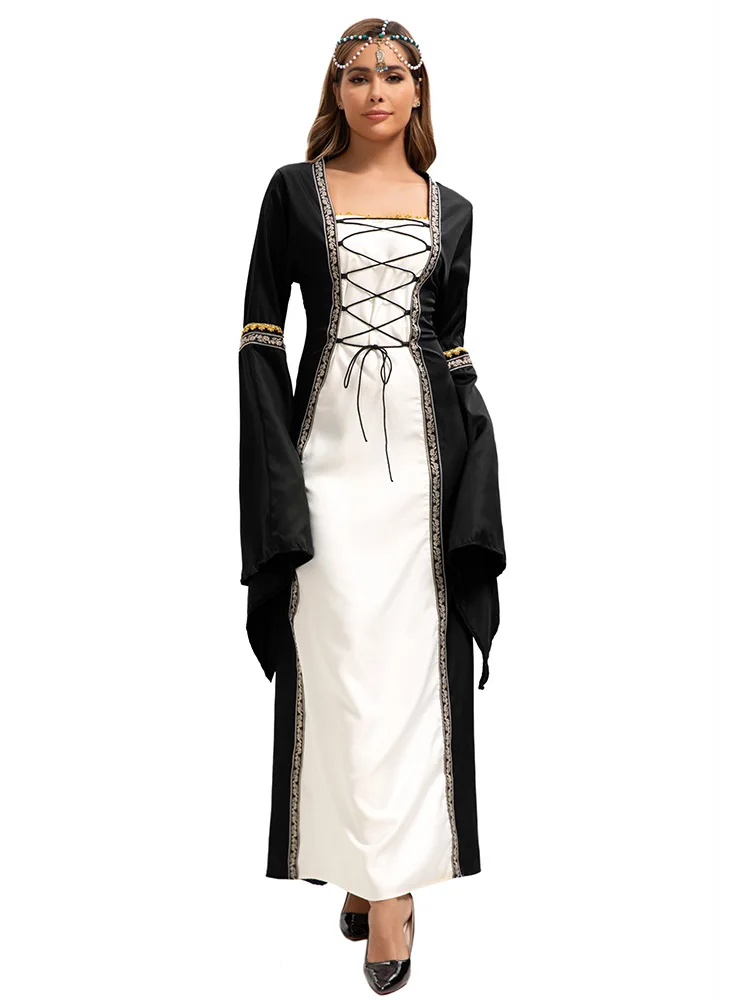 هالوين الإناث المحكمة القرون الوسطى الأوروبية الخيال مصاص دماء تأثيري حلي كرنفال خمر فستان أنيق بأكمام طويلة