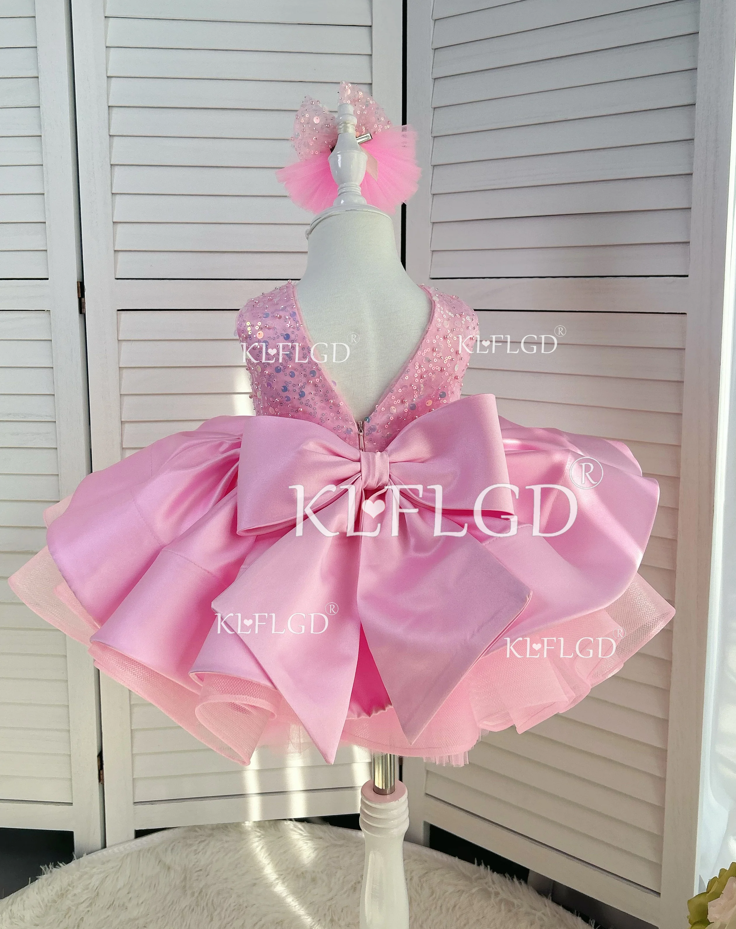 KLFLGD Elegant Pink Girl Dress Exquisite Girl Birthday Wedding Party Dress Big Bow Children's Festival Ball Evening Dress