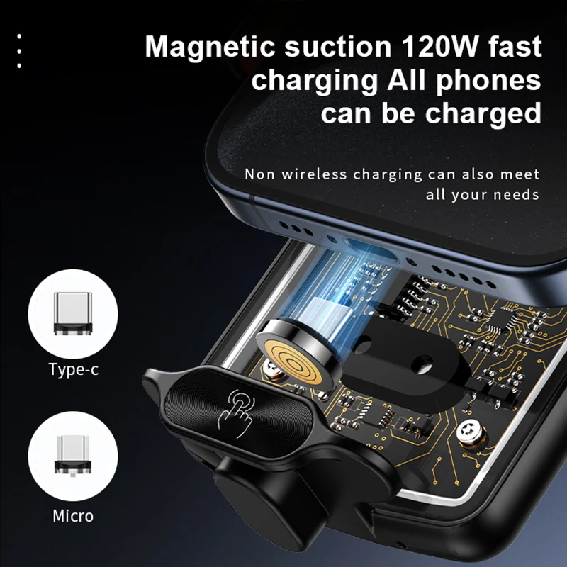 120W Magnetic Fast Charger Car Phone Holder 15W Wireless Charging Auto-car Phone Stand Touch Control Light iPhone Xiaomi