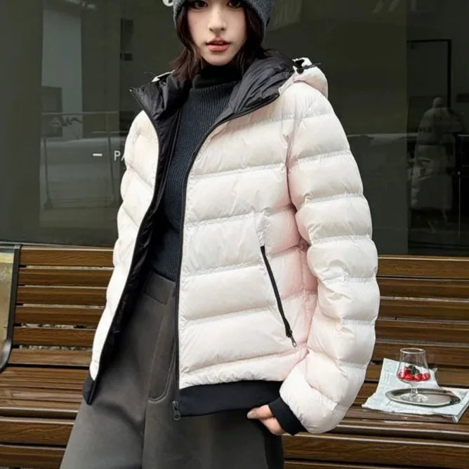 2026 Winter New Women's Down Jacket Windproof Hooded Contrasting Goose Down Jacket