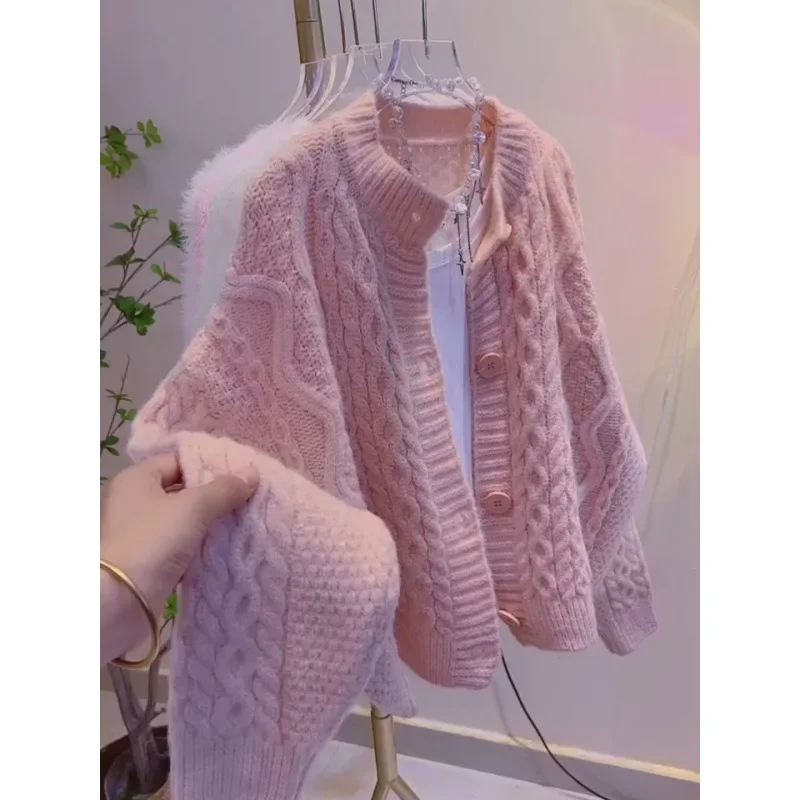 Spring Autumn Soft Supplicate Idle Style Cable Knit Sweater Cardigan Jacket Women's 2024 New Loose Fit Casual Stylish Knitted To