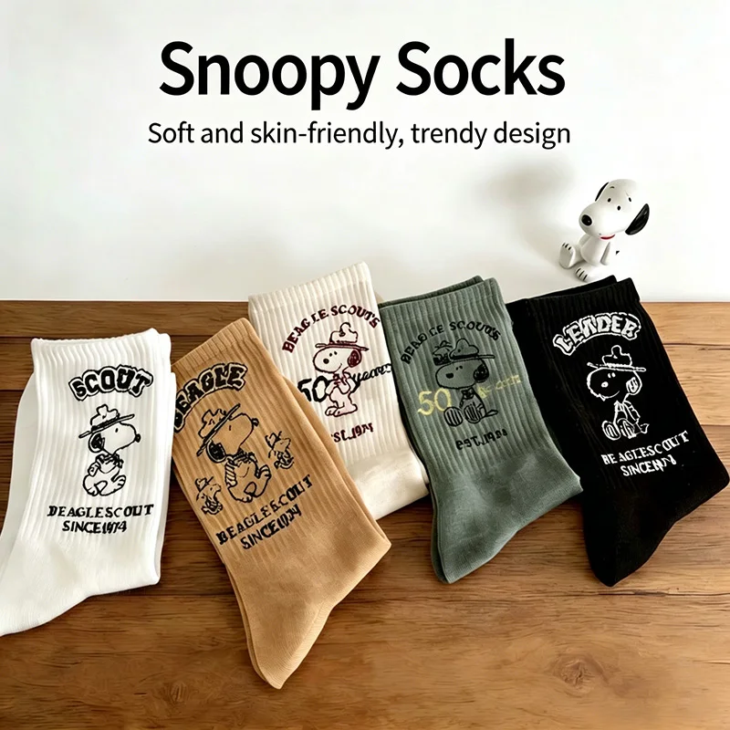 Calcetines de algodón hasta media pantorrilla con dibujos de Snoopy para mujer, calcetines deportivos de alta elasticidad, estilo minimalista, suaves y transpirables