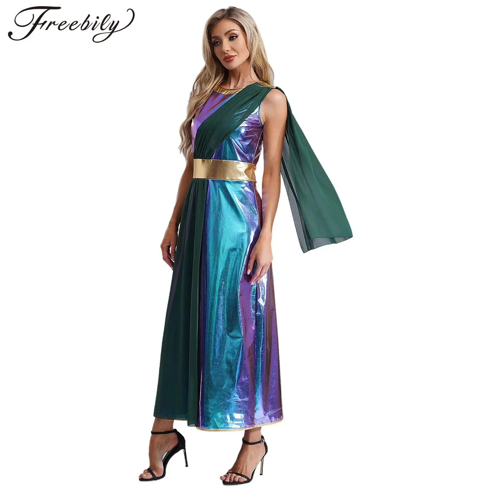 

Женский костюм древнегреции на Хэллоуин, костюм древнеримской королевы, платье для ролевых игр, платье макси на одно плечо с золотым поясом