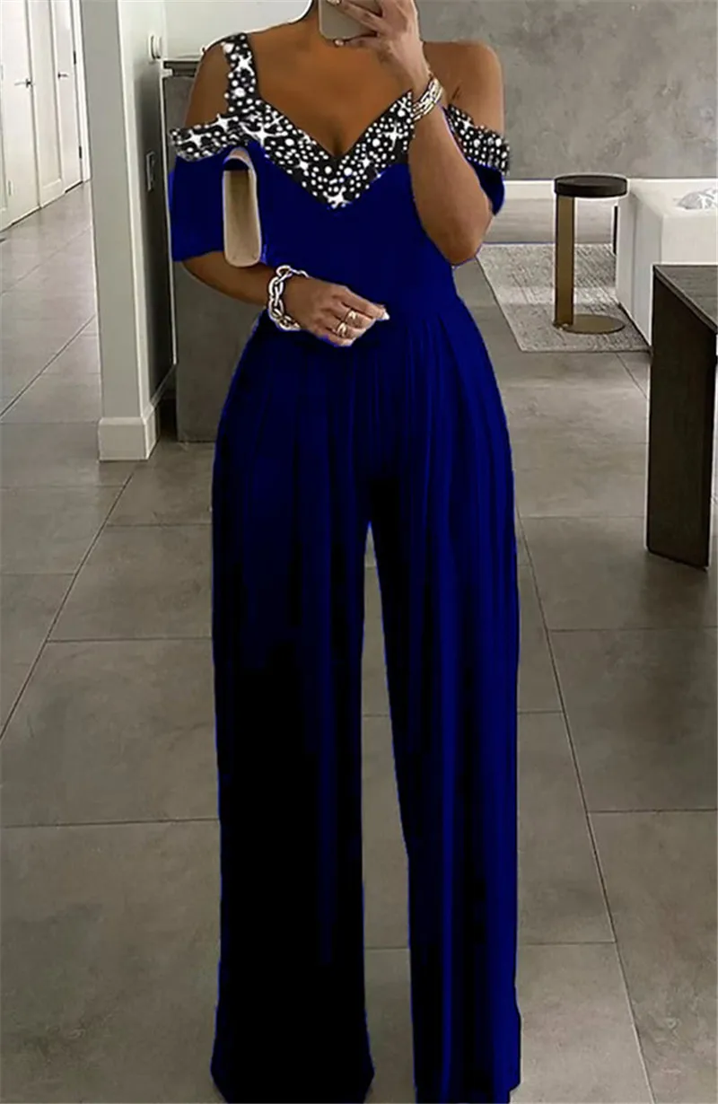 Women's Printed High Waist Straight Pants, Elegant Commuter Jumpsuit, Sexy V-Neck Sling, Spring and Summer Fashion
