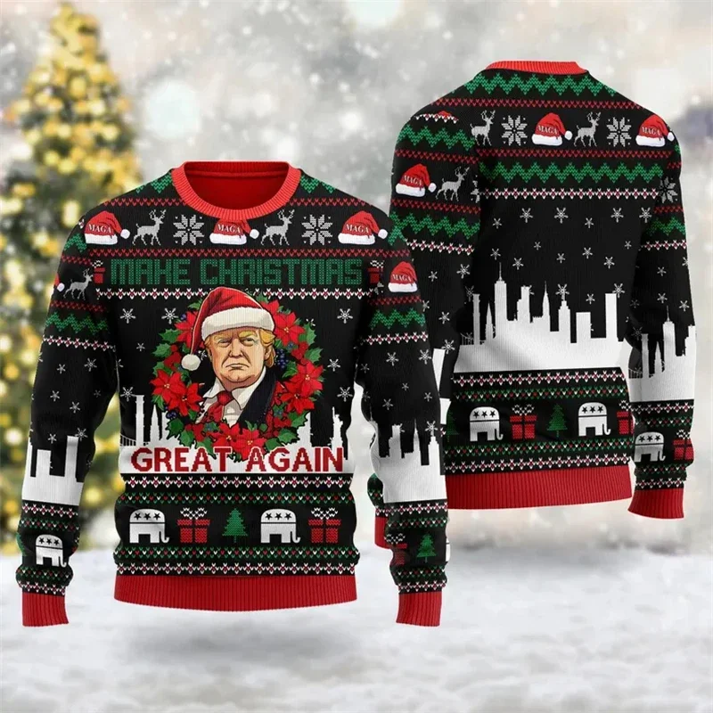 Sudadera con gráfico divertido de Trump para hombre, moda de vacaciones, Navidad, cuello redondo, suéter de Navidad feo, ropa informal suelta, jerséis