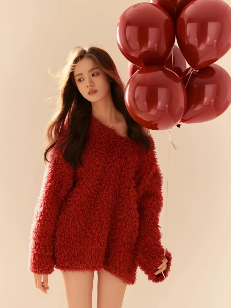 

Новинка 2026: Красный свитер в корейском стиле для создания атмосферы, рождественский, для персональной фотосъемки, художественных портретов, сценический костюм